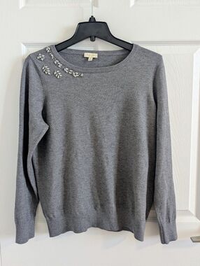 Laura Grey Knit Sweater with Crystal Embellished Neckline Office Chic Feminine M